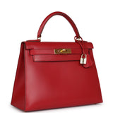 Vintage Hermes Kelly Sellier 28 Rouge Vif Box Gold Hardware