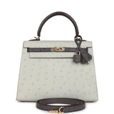 Hermes Special Order (HSS) Kelly Sellier 25 Gris Perle and Graphite Ostrich Permabrass Hardware