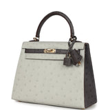 Hermes Special Order (HSS) Kelly Sellier 25 Gris Perle and Graphite Ostrich Permabrass Hardware