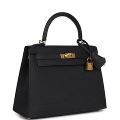 Hermes Kelly Sellier 25 Black Epsom Gold Hardware