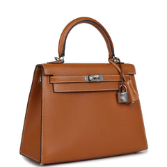 Pre-owned Hermes Kelly Sellier 25 Natural Sable Butler Palladium Hardware