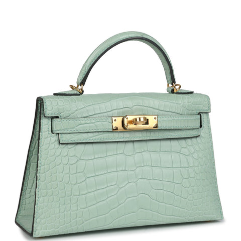 Hermes Kelly Sellier 20 Vert D'Eau Matte Alligator Gold Hardware