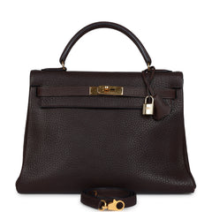Vintage Hermes Kelly Retourne 32 Havane Fjord Gold Hardware