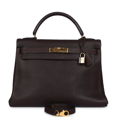 Vintage Hermes Kelly Retourne 32 Havane Fjord Gold Hardware