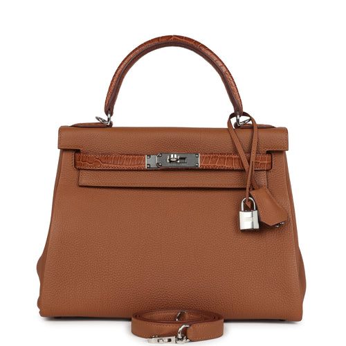 Pre-owned Hermes Kelly Retourne 28 Gold Togo and Matte Prososus Crocodile Touch Palladium Hardware