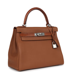 Pre-owned Hermes Kelly Retourne 28 Gold Togo and Matte Prososus Crocodile Touch Palladium Hardware