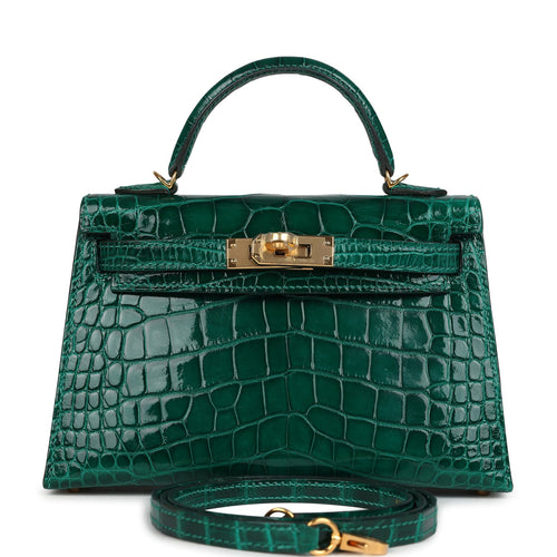 Pre-owned Hermes Kelly Sellier 20 Emerald Shiny Alligator Gold Hardware