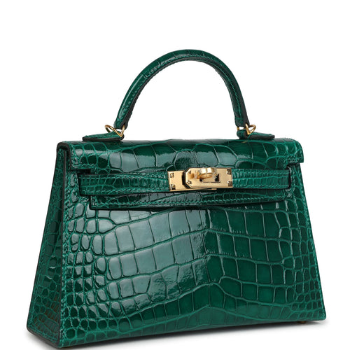 Pre-owned Hermes Kelly Sellier 20 Emerald Shiny Alligator Gold Hardware