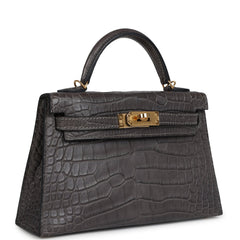 Pre-owned Hermes Kelly Sellier 20 Graphite Matte Alligator Gold Hardware