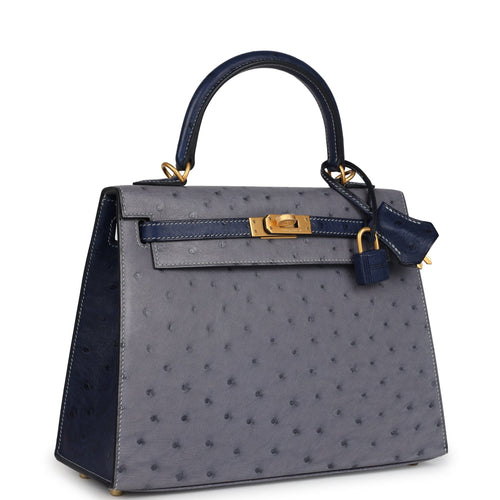 Hermes Special Order (HSS) Kelly Sellier 25 Gris Agate and Bleu Iris Ostrich Brushed Gold Hardware