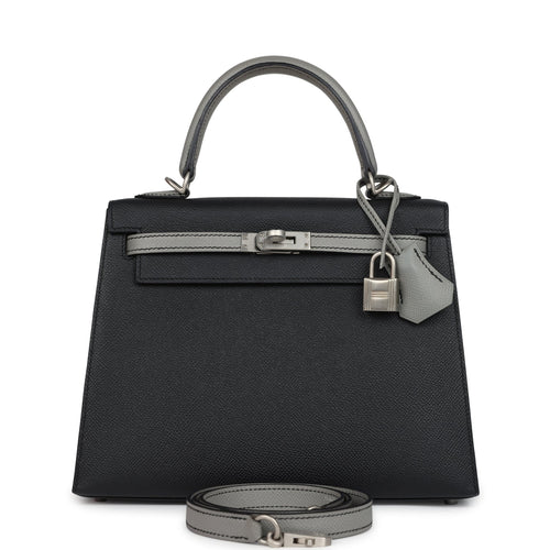 Hermes Special Order (HSS) Kelly Sellier 25 Black and Gris Mouette Epsom Brushed Gold Hardware