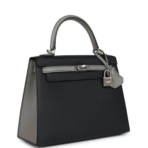Hermes Special Order (HSS) Kelly Sellier 25 Black and Gris Mouette Epsom Brushed Gold Hardware