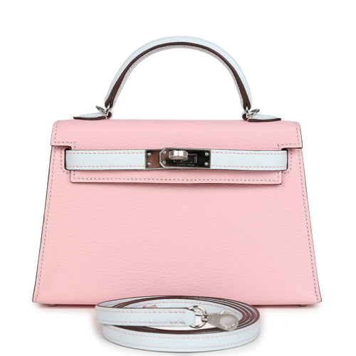 Hermes Special Order (HSS) Kelly Sellier 20 Rose Sakura and Bleu Brume Chevre Palladium Hardware