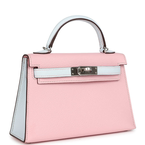 Hermes Special Order (HSS) Kelly Sellier 20 Rose Sakura and Bleu Brume Chevre Palladium Hardware