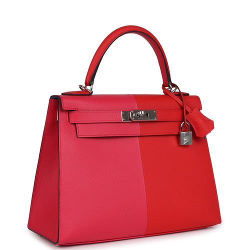 Pre-owned Hermes Kelly Sellier 28 Casaque Rouge De Coeur, Rose Extreme and Bleu Zanzibar Epsom Palladium Hardware