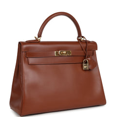 Vintage Hermes Kelly Retourne 32 Noisette Box Gold Hardware