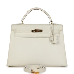 Vintage Hermes Kelly Sellier 32 White Veau Graine Gold Hardware