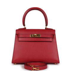 Vintage Hermes Kelly Sellier 20 Rouge Vif Courchevel Gold Hardware