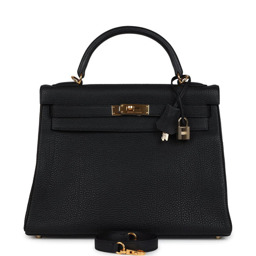Vintage Hermes Kelly Retourne 32 Black Fjord Gold Hardware