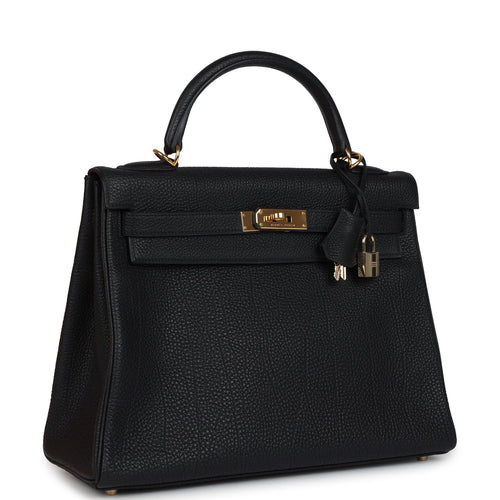 Vintage Hermes Kelly Retourne 32 Black Fjord Gold Hardware
