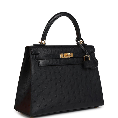 Hermes Kelly Sellier 25 Black Ostrich Gold Hardware