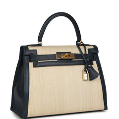Vintage Hermes Kelly Sellier 28 Bleu Marine Courchevel and Ecru Crinoline Gold Hardware