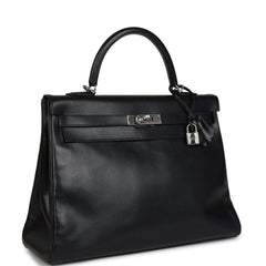 Vintage Hermes Kelly 35 Retourne Black Box Calfskin Palladium Hardware