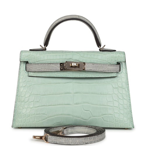 Hermes Special Order (HSS) Kelly Sellier 20 Vert D'Eau and Gris Perle Matte Alligator Permabrass Hardware