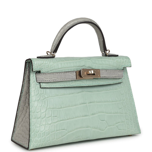 Hermes Special Order (HSS) Kelly Sellier 20 Vert D'Eau and Gris Perle Matte Alligator Permabrass Hardware