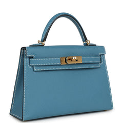 Pre-owned Hermes Kelly Sellier 20 Blue Jean Epsom Gold Hardware