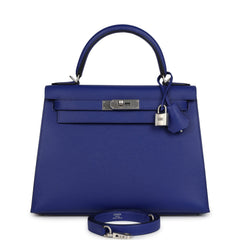 Pre-owned Hermes Kelly Sellier 28 Bleu Electric Epsom Brushed Palladium Hardware