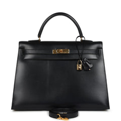 Vintage Hermes Kelly Sellier 35 Black Box Gold Hardware