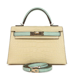 Hermes Special Order (HSS) Kelly Sellier 20 Vanille and Vert D'Eau Matte Alligator Permabrass Hardware