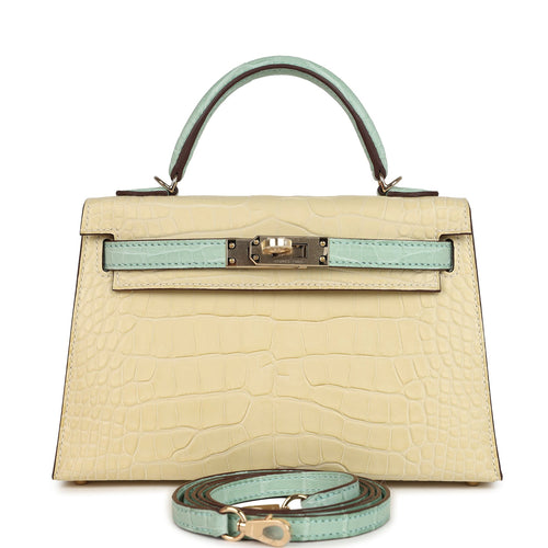 Hermes Special Order (HSS) Kelly Sellier 20 Vanille and Vert D'Eau Matte Alligator Permabrass Hardware