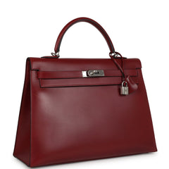Vintage Hermes Kelly Sellier 35 Rouge H Box Palladium Hardware