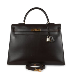 Vintage Hermes Kelly Sellier 35 Marron Fonce Box Gold Hardware