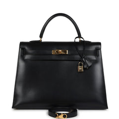 Vintage Hermes Kelly Sellier 35 Black Box Gold Hardware