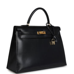 Vintage Hermes Kelly Sellier 35 Black Box Gold Hardware