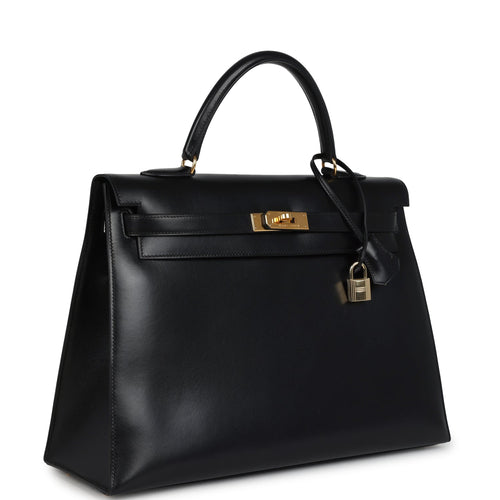 Vintage Hermes Kelly Sellier 35 Black Box Gold Hardware