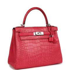Pre-owned Hermes Kelly Retourne 28 Rose Extreme Matte Alligator Palladium Hardware