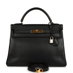Vintage Hermes Kelly Retourne 32 Black Ardennes Gold Hardware