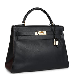 Vintage Hermes Kelly Retourne 32 Black Ardennes Gold Hardware