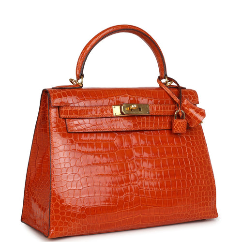 Vintage Hermes Kelly Sellier 28 Orange Shiny Porous Crocodile Gold Hardware