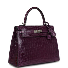 Pre-owned Hermes Kelly Sellier 25 Amethyst Shiny Niloticus Crocodile Palladium Hardware