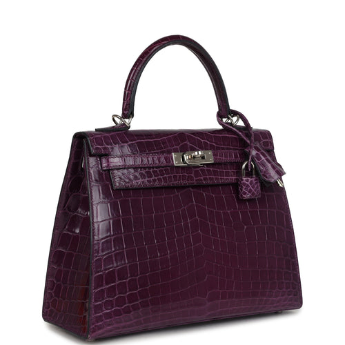 Pre-owned Hermes Kelly Sellier 25 Amethyst Shiny Niloticus Crocodile Palladium Hardware