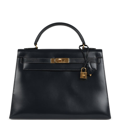 Vintage Hermes Kelly Sellier 32 Bleu Indigo Box Gold Hardware