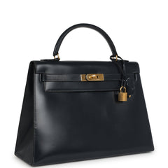 Vintage Hermes Kelly Sellier 32 Bleu Indigo Box Gold Hardware