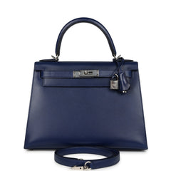 Pre-owned Hermes Kelly Sellier 28 Bleu Saphir Box Palladium Hardware