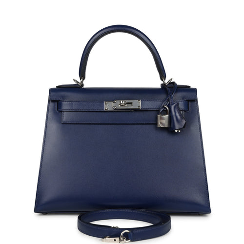 Pre-owned Hermes Kelly Sellier 28 Bleu Saphir Box Palladium Hardware