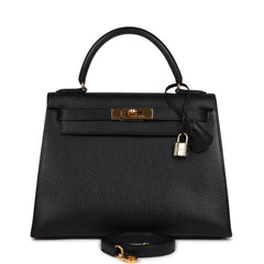 Vintage Hermes Kelly Sellier 28 Black Ardennes Gold Hardware